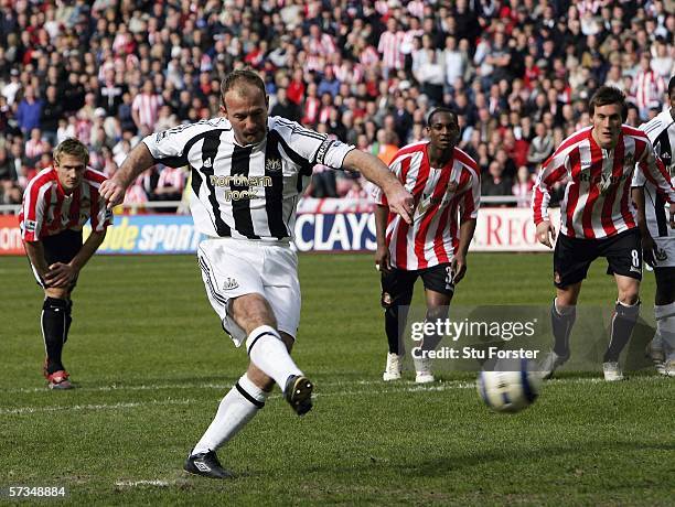 Newcastle captain Alan Shearer scores the second goal during the Barclays Premiership match between Sunderland and Newcastle United at The Stadium of...