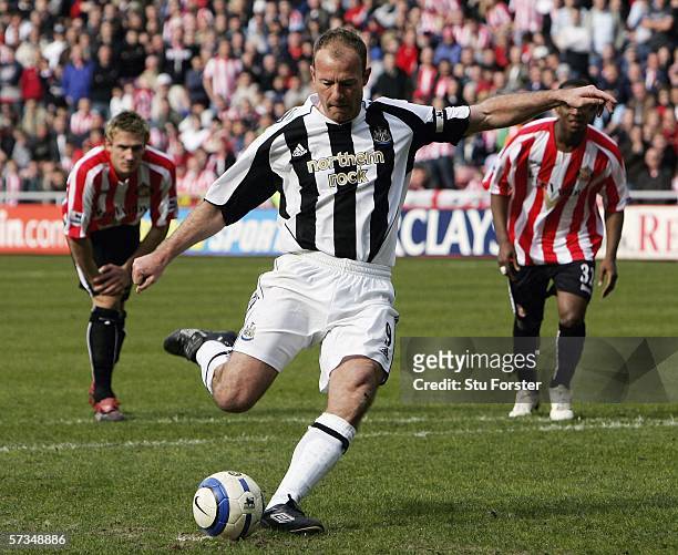 Newcastle captain Alan Shearer scores the second goal during the Barclays Premiership match between Sunderland and Newcastle United at The Stadium of...