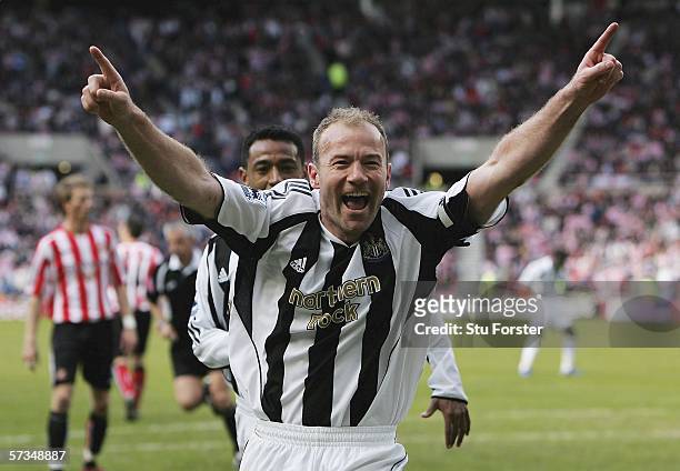 Newcastle captain Alan Shearer celebrates after scoring the second goal during the Barclays Premiership match between Sunderland and Newcastle United...