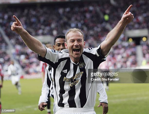 Newcastle captain Alan Shearer celebrates after scoring the second goal during the Barclays Premiership match between Sunderland and Newcastle United...