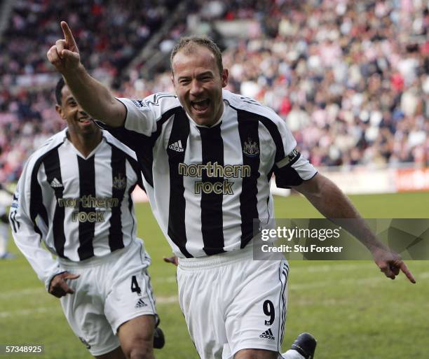 Newcastle captain Alan Shearer celebrates after scoring the second goal during the Barclays Premiership match between Sunderland and Newcastle United...