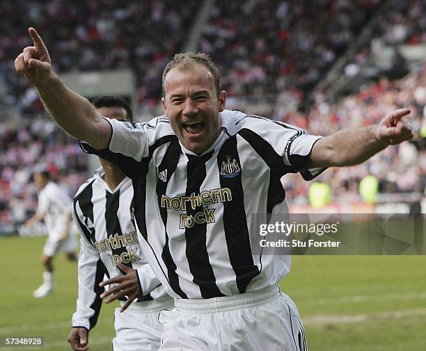 Newcastle captain Alan Shearer celebrates after scoring the second goal during the Barclays Premiership match between Sunderland and Newcastle United...