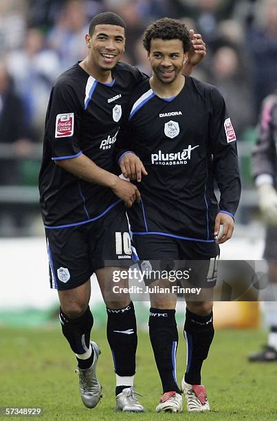 Leon Best and Deon Burton of Sheffield Wednesday celebrate after Brighton scored an own goal during the Coca-Cola Championship match between Brighton...