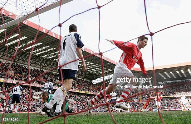 Bryan Huges of Charlton celebrates after scoring his sides equalising goal during the Barclays Premiership match between Charlton Athletic and...