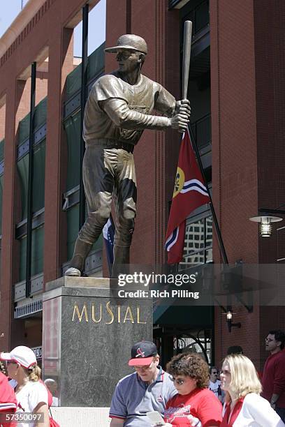 The Stan Musial statue before the home opening game between the Milwaukee Brewers and the St. Louis Cardinals on April 10, 2006 at the new Busch...