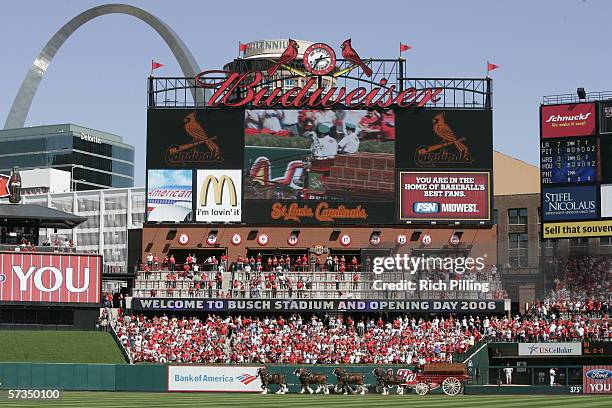 Scoreboard before the home opening game between the Milwaukee Brewers and the St. Louis Cardinals on April 10, 2006 at the new Busch Stadium in St....