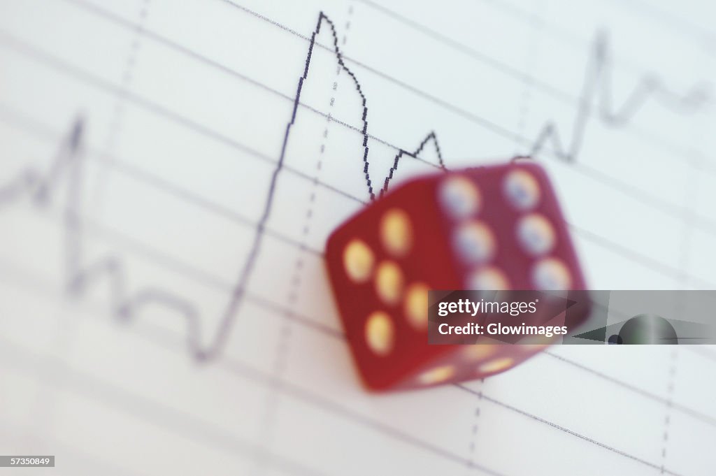 Close-up of a dice over a line graph