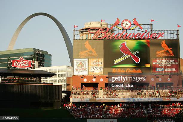 Busch Stadium is shown with the arch in the background during the St. Louis Cardinals game against the Milwaukee Brewers at Busch Stadium on April...