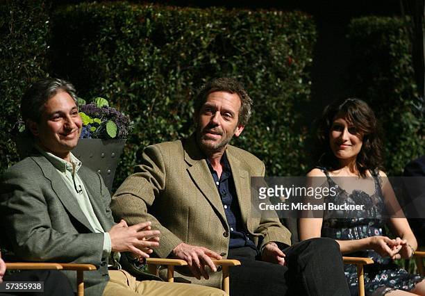 Producer David Shore, actor Hugh Laurie and actress Lisa Edelstein speak at the "Evening With House" presented by ATAS at the Academy of Television...