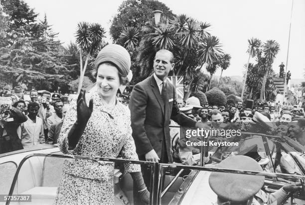 Queen Elizabeth II and Prince Philip visit the Liberation Monument in Addis Ababa during their tour of Ethiopia, 4th February 1965.