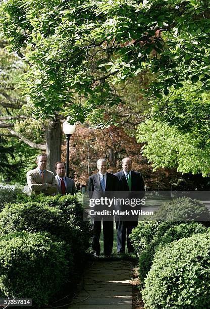 White House staff members Dan Bartlett, counselor to the president, Press Secretary Scott McClellan, Chief of Staff Joshua Bolten and Deputy Chief of...