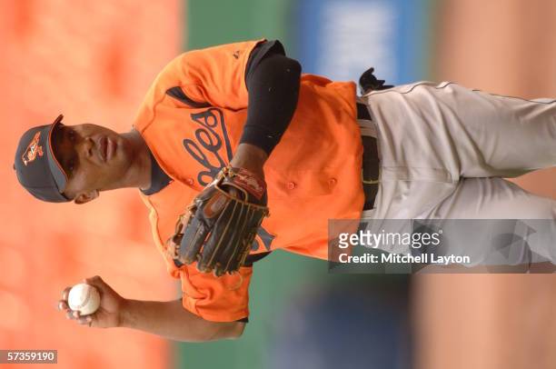 Melvin Mora of the Baltimore Orioles warms up during an exhibition game against the Washington Nationals on March 31, 2006 at RFK Stadium in...
