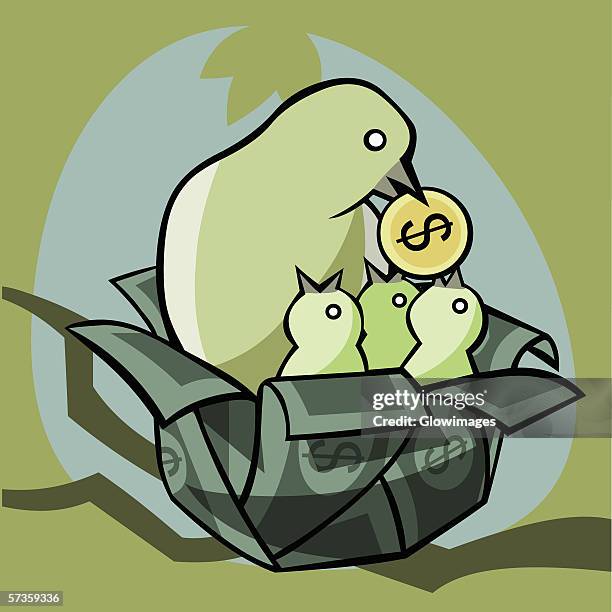 close-up of a bird feeding its young with a dollar coin in a nest made of dollar bills - bird's nest stock illustrations