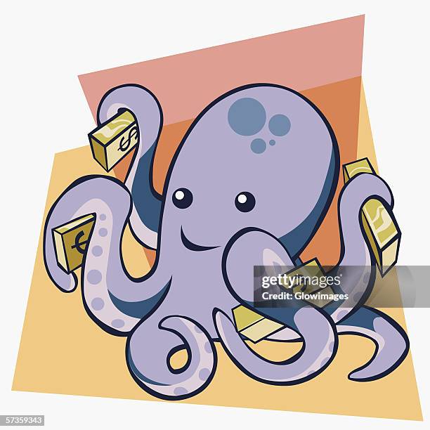 close-up of an octopus holding bundles of dollar bills - octopus stock illustrations