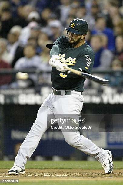 Eric Chavez of the Oakland Athletics bats against the Seattle Mariners during the MLB game on April 7, 2006 at Safeco Field in Seattle, Washington....