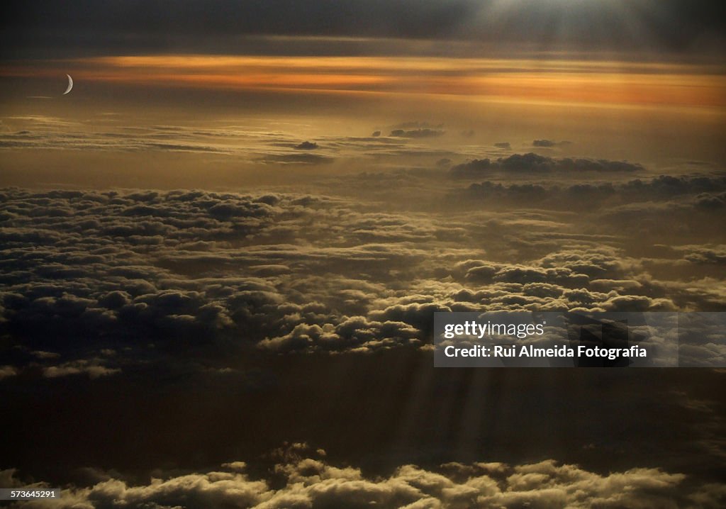 Sunset clouds over airplane view