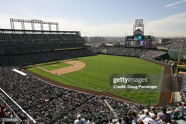 General view of Coors Field taken during the Opening Day game between the Colorado Rockies and the Arizona Diamondbacks at Coors Field on April 3,...