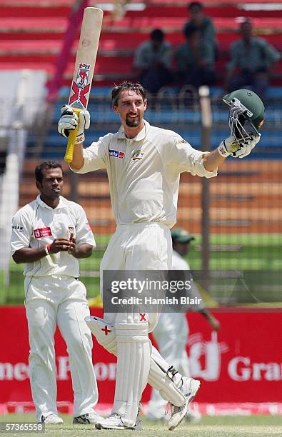 Jason Gillespie of Australia celebrates his 150 during day four of the Second Test between Bangladesh and Australia played at the Chittagong...