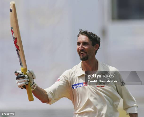 Jason Gillespie of Australia celebrates his double century during day four of the Second Test between Bangladesh and Australia played at the...