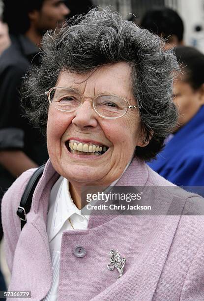 Joy Ash from Aylesbury in Buckinghamshire smiles before attending the Queen's 80th Birthday Lunch on April 19, 2006 at Buckingham Palace in London,...
