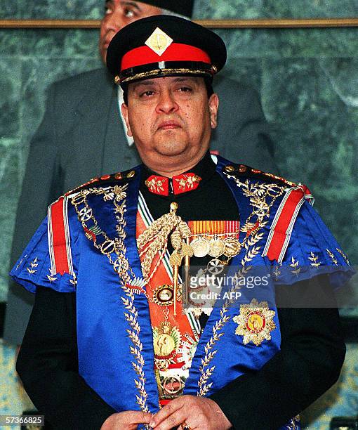 On German wire 19 April 2006 - FILES - Photo dated 20 April 2000 shows Prince Gyanendra of Nepal during a medal distribution ceremony at Narayanhity...