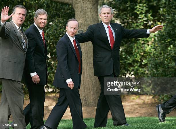 President George W. Bush walks with governors after speaking to the press on the war on terror April 19, 2006 at the White House in Washington, DC....