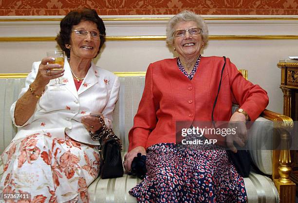 London, United Kingdom: British pensioners Ann Woodward from Slough and Elizabeth Davison from Ponteland, Northumbria speak during a lunch held by...