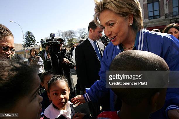 New York Senator Hillary Rodham Clinton greets school children after receiving the endorsement from the New York City?s firefighter union for her...