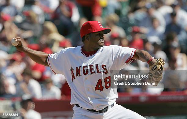 Pitcher Hector Carrasco of the Los Angeles Angels of Anaheim winds up to pitch during the game against the New York Yankees on April 9, 2006 at...