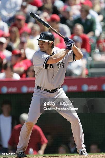 Outfielder Johnny Damon of the New York Yankees stands ready at bat during the game against the Los Angeles Angels of Anaheim on April 9, 2006 at...