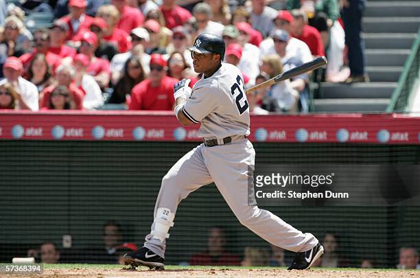 Infielder Robinson Cairo of the New York Yankees swings at the pitch during the game against the Los Angeles Angels of Anaheim on April 9, 2006 at...