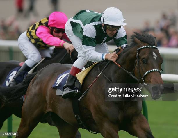 Frankie Dettori and Excellent Art get the better of the Michael Hills ridden Dimboola to land The E.B.F. Maiden Stakes Race run at Newmarket on April...