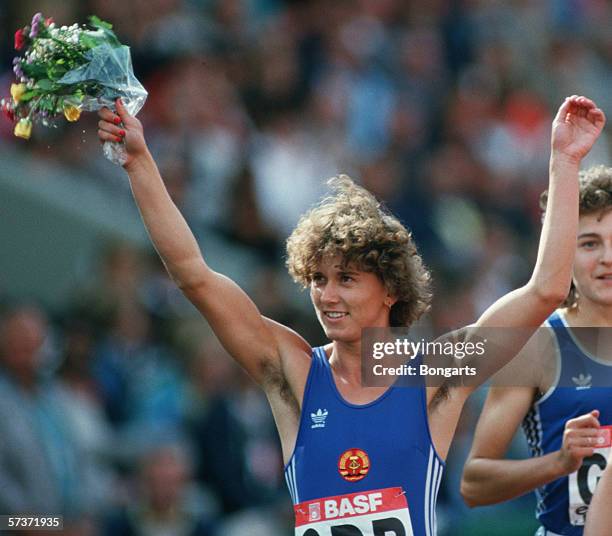 Marlies Goehr of German Democratic Republic celebrates after winning gold in the women's 4 x 100m relay during the European Athletic Championships at...