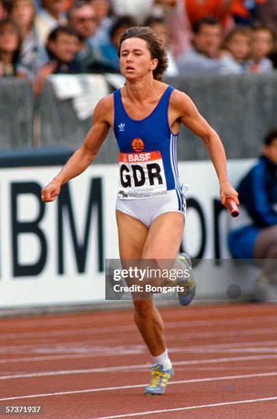 Marlies Goehr of German Democratic Republic in action in the women's 4 x 100m relay during the European Athletic Championships at the Neckarstadium...
