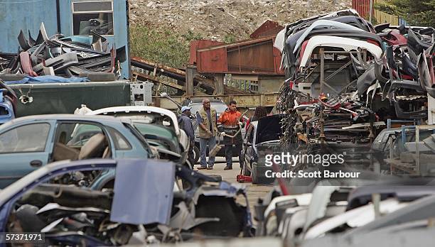 Car parts lie in a car yard near Pudding Mill Lane on April 20, 2006 in London, England. International Olympic Committee inspectors are in London...