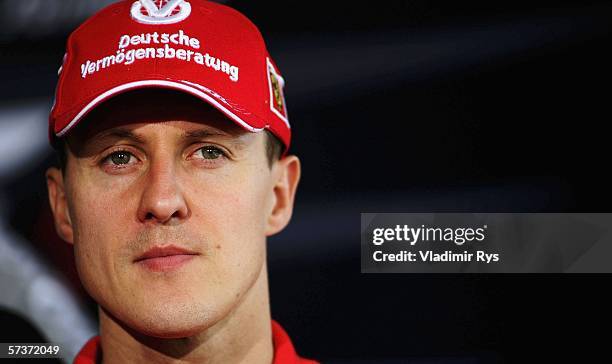 Michael Schumacher of Germany and Ferrari looks on at the press conference during the previews for the San Marino F1 Grand Prix at the San Marino...