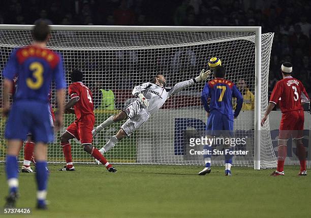 Middlesbrough goalkeeper Mark Schwarzer is beaten for the first Steaua goal during the UEFA Cup semi- final first leg between Steaua Bucharest and...