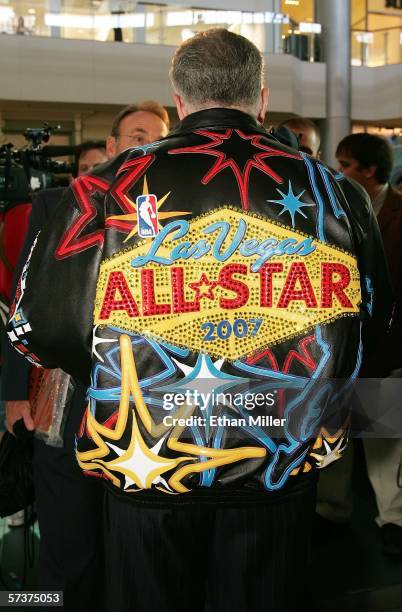 Las Vegas Mayor Oscar Goodman is interviewed while wearing a jacket emblazoned with the logo for the 2007 NBA All-Star Game after it was unveiled at...