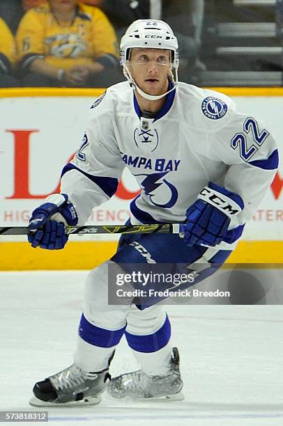 Erik Condra of the Tampa Bay Lightning plays in the game against the Nashville Predators at Bridgestone Arena on October 20, 2015 in Nashville,...