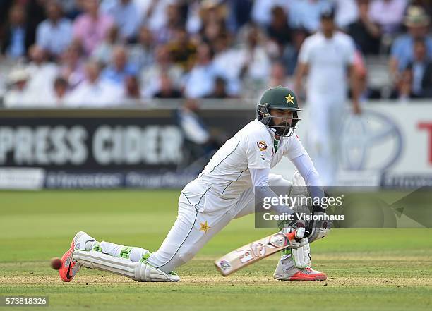 Misbah-Ul-Haq of Pakistan reverse sweeps Moeen Ali at Lord's Cricket Ground on July 14, 2016 in London, England.