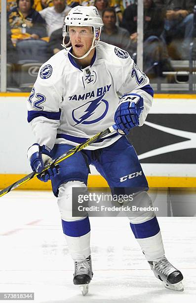 Erik Condra of the Tampa Bay Lightning plays in the game against the Nashville Predators at Bridgestone Arena on October 20, 2015 in Nashville,...