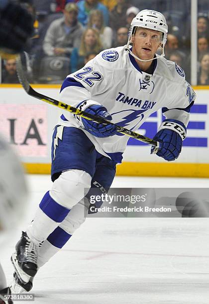 Erik Condra of the Tampa Bay Lightning plays in the game against the Nashville Predators at Bridgestone Arena on October 20, 2015 in Nashville,...