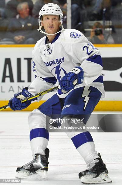 Erik Condra of the Tampa Bay Lightning plays in the game against the Nashville Predators at Bridgestone Arena on October 20, 2015 in Nashville,...