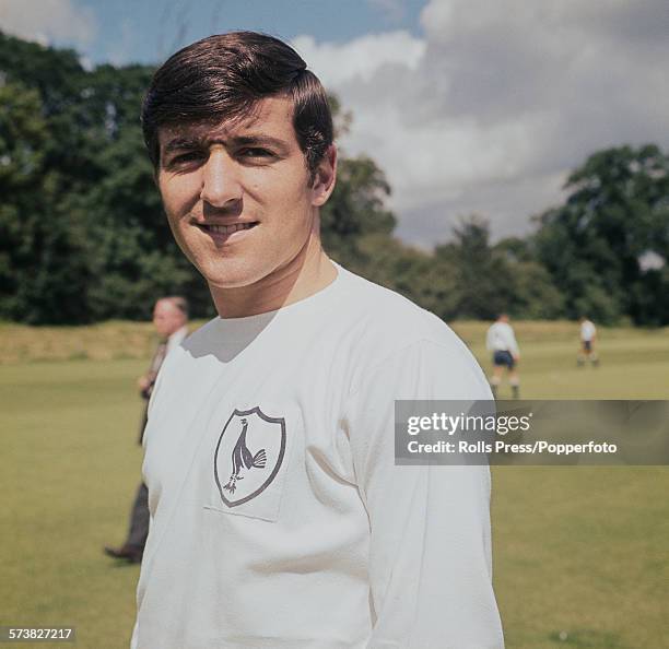 English professional footballer and midfield player with Tottenham Hotspur, Terry Venables posed wearing Spurs kit during a training session in 1966.