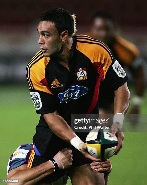Sosene Anesi of the Chiefs is wrapped up during the Round 11 Super 14 match between the Chiefs and the Cheetahs at Waikato Stadium April 21, 2006 in...