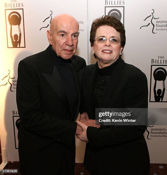 Influential Personality Recipient Bud Greenspan poses with tennis great Billie Jean King inside at the inaugural The Billies presented by The Women's...