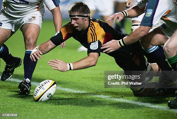 Sean Hohneck of the Chiefs jumps on the loose ball to score a try during the Round 11 Super 14 match between the Chiefs and the Cheetahs at Waikato...