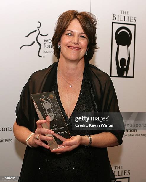 Journalist Christine Brennan, winner of the Journalism Billie pose with her award inside at the inaugural The Billies presented by The Women's Sports...