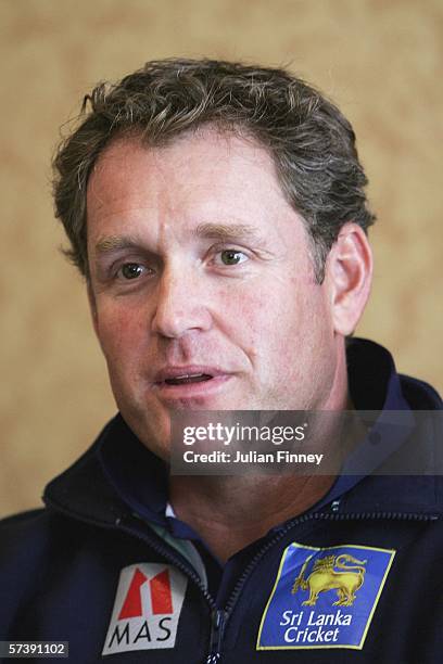 Tom Moody, the Sri Lanka coach, answers questions from the media during a press conference at The Regent?s Park Marriott Hotel on April 21, 2006 in...