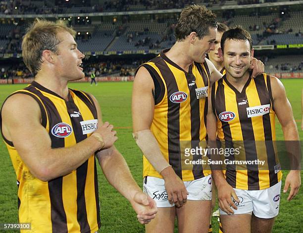 Richard Vandenberg, Trent Croad and Brent Guerra for Hawthorn celebrate winning the round four AFL match between the Carlton Blues and the Hawthorn...